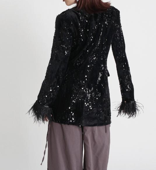 V NECK SEQUIN FEATHER BLAZER IN BLACK