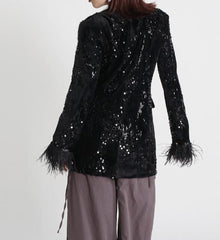 V NECK SEQUIN FEATHER BLAZER IN BLACK