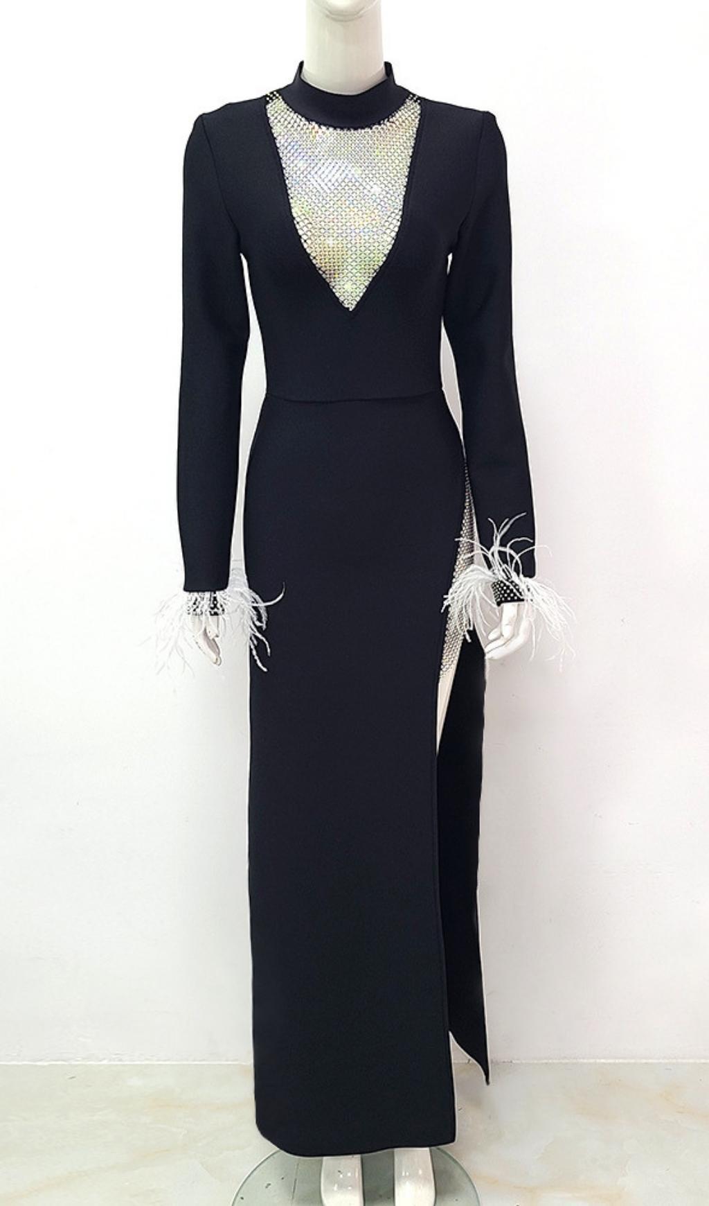 BLACK FEATHER LONG SLEEVE BANDAGE MAXI DRESS