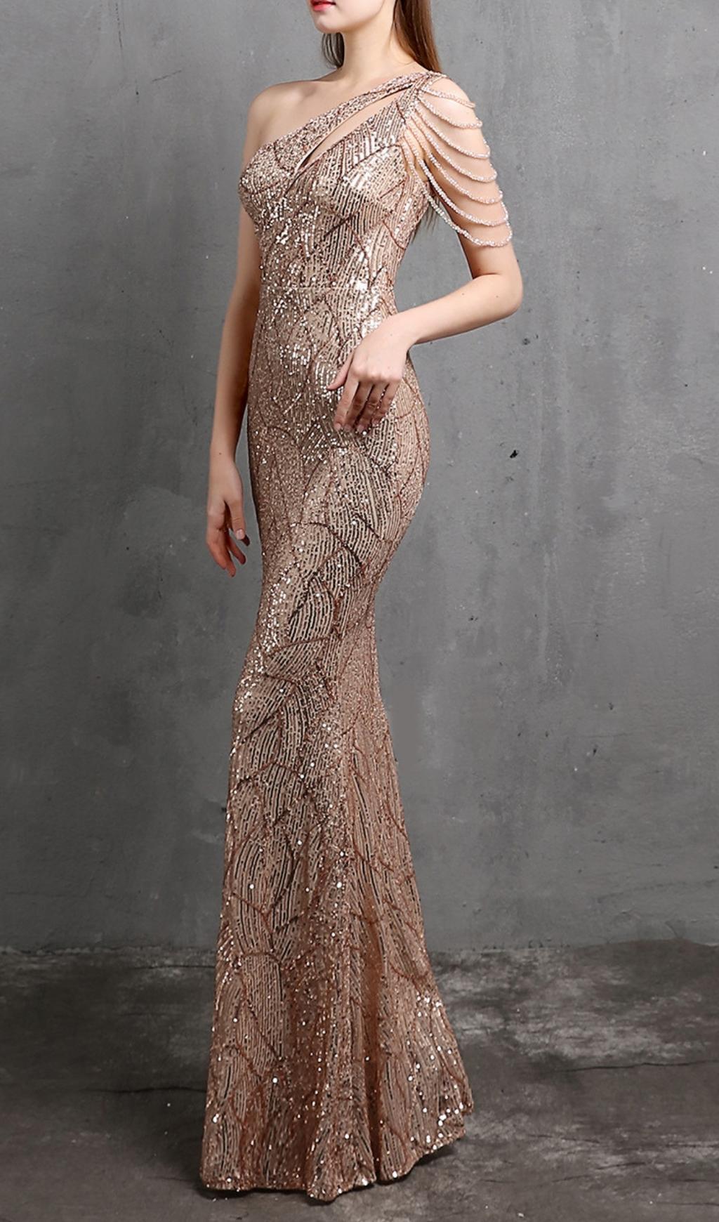 CHAMPAGNE CUTOUT SEQUIN MAXI DRESS