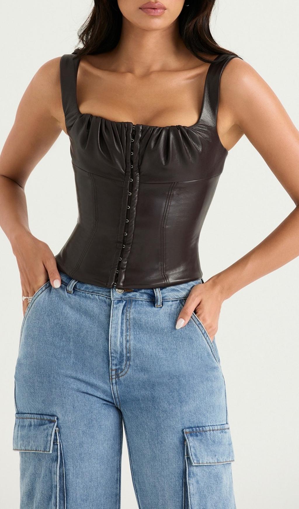 VEGAN LEATHER CORSET IN CHOCOLATE