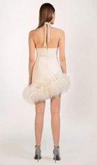 WHITE FEATHER-EMBELLISHED CREPE MINI DRESS