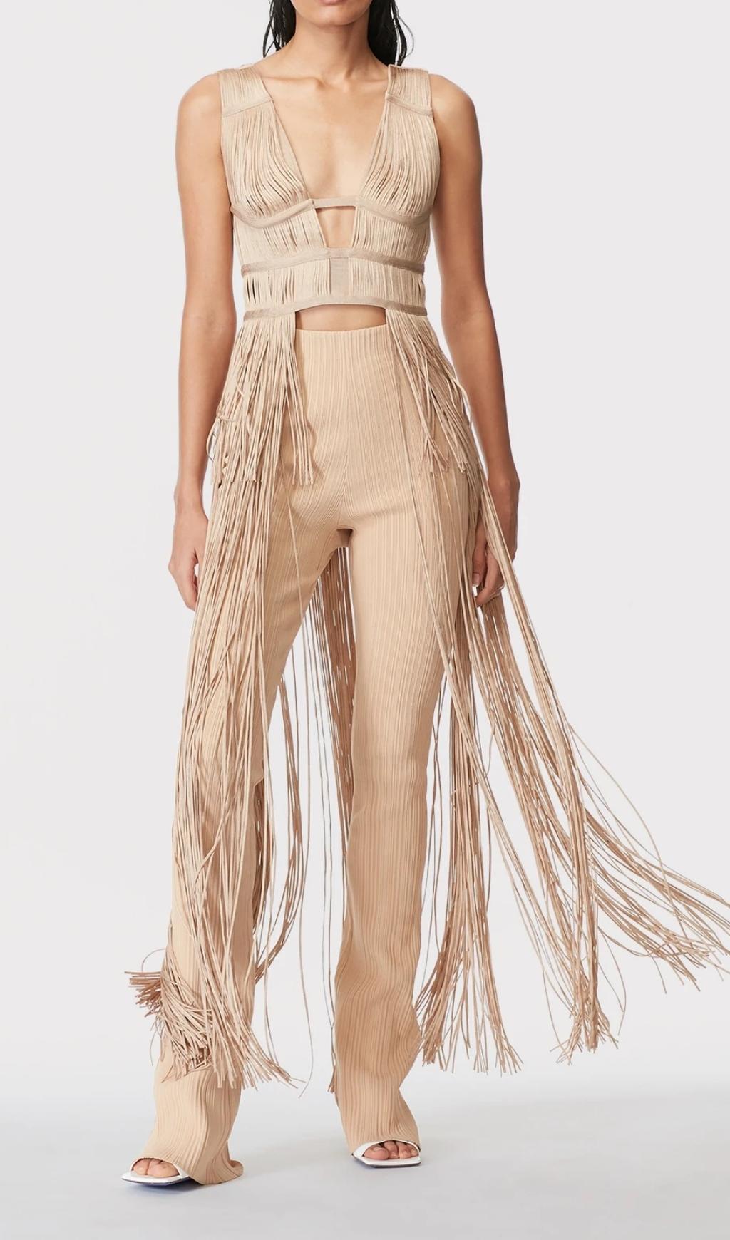 TASSEL BACKLESS JUMPSUIT IN KHAKI