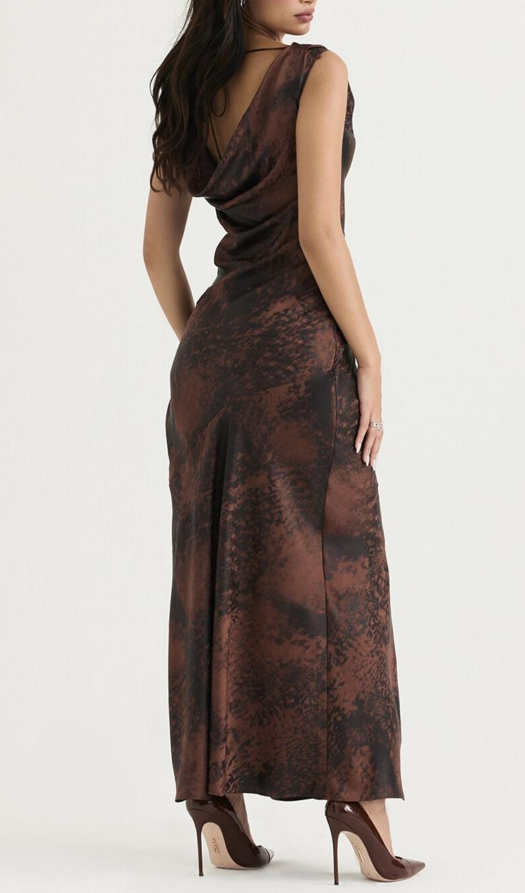 STRAPLESS RUCHED MAXI DRESS IN ANTIQUE COPPER