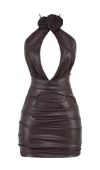 CUT OUT HALTER MINI DRESS IN CHOCOLATE