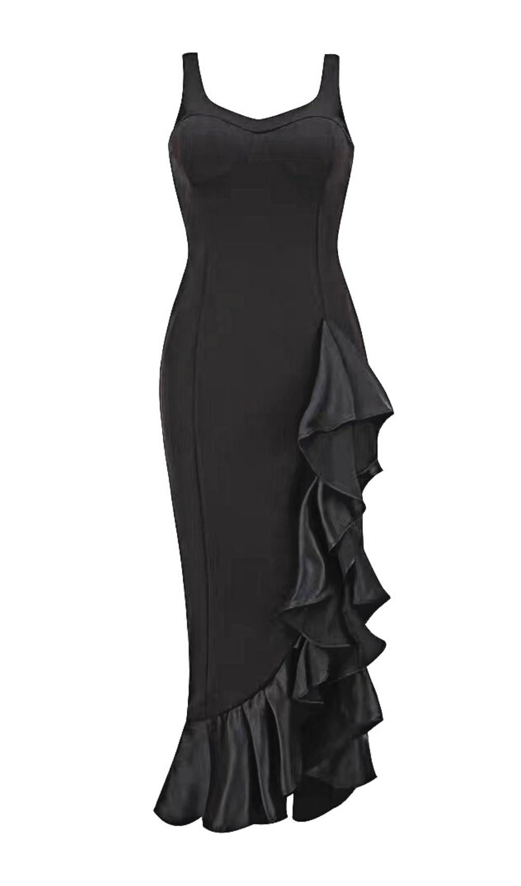 BANDAGE RUCHED MIDI DRESS IN BLACK