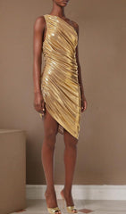 ONE SHOULDER RUCHED MINI DRESS IN GOLD