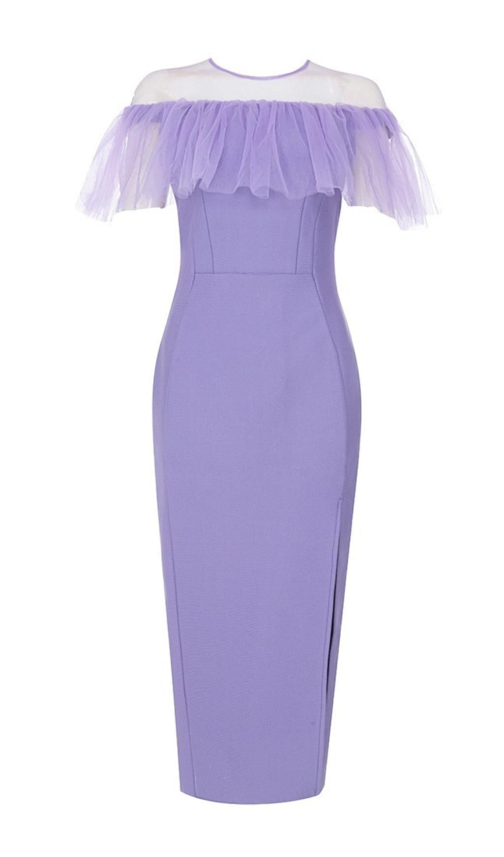 GAUZE RUCHED MIDI DRESS IN PURPLE