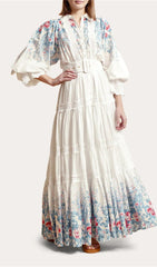 WHITE COTTON LAPEL GATHERED WAIST FLORAL PRINTED MAXI DRESS