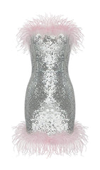 STRAP SILVER SEQUIN FEATHER MINI DRESS