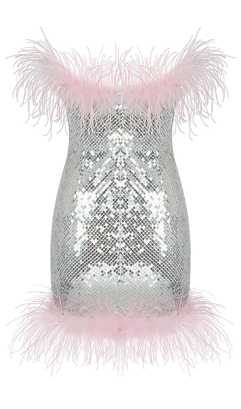 STRAP SILVER SEQUIN FEATHER MINI DRESS