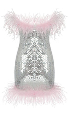 STRAP SILVER SEQUIN FEATHER MINI DRESS