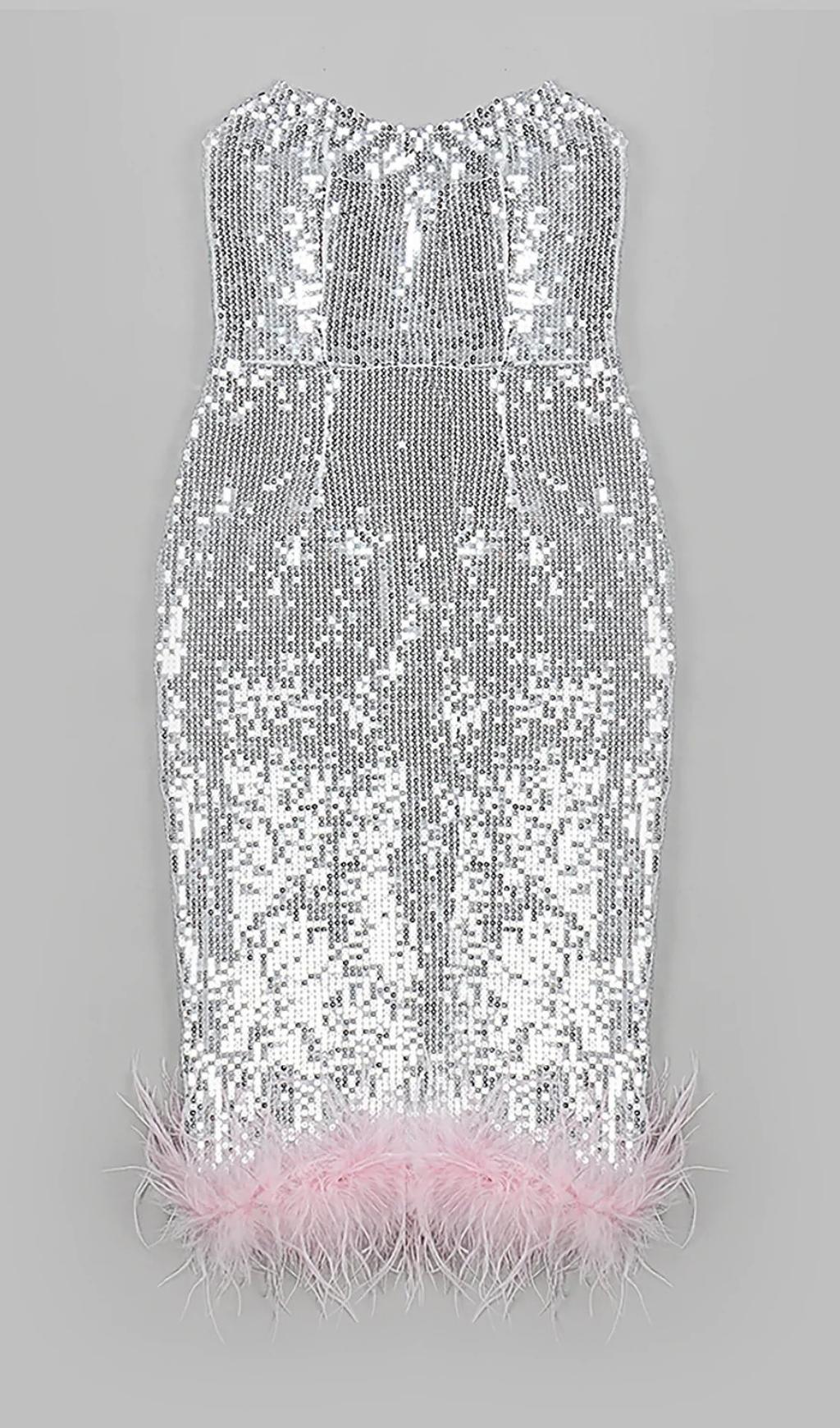 STRAPLESS SEQUIN FEATHER MIDI DRESS IN SILVER