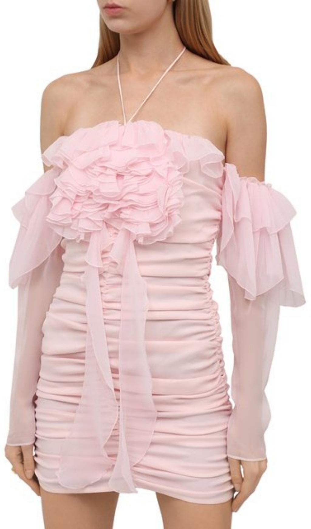 FRILL BARDOT MINI DRESS IN BABY PINK