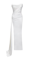 HOLLY WHITE CRYSTALLIZED CORSET HIGH SLIT SATIN GOWN