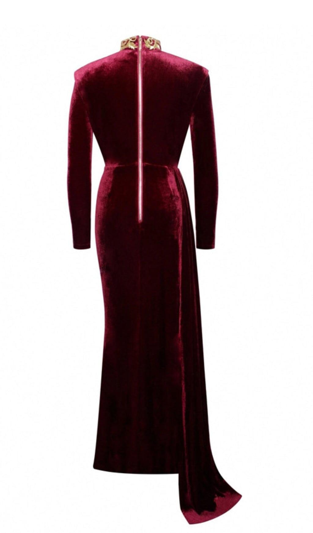 ZENAIDA BURGUNDY CUTOUT HIGH SLIT VELVET GOWN