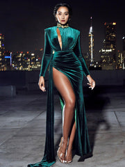 ZENAIDA EMERALD GREEN CUTOUT HIGH SLIT VELVET GOWN