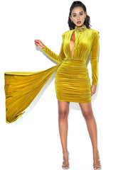 GRACYN GOLD CUTOUT LONG SLEEVE DRAPING VELVET DRESS