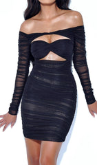 TIERRA BLACK MESH OFF SHOULDER CUTOUT DRESS