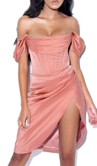 WILEY BLUSH PINK SATIN OFF SHOULDER CORSET DRESS