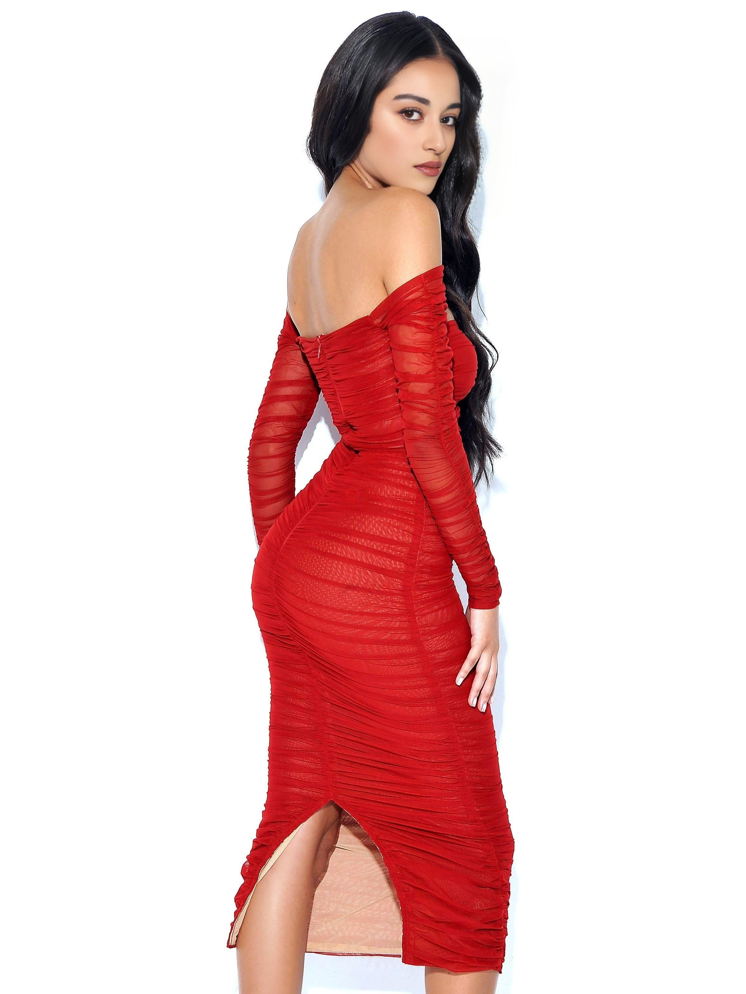 TERRA BURGUNDY MESH OFF SHOULDER CUTOUT MIDI DRESS