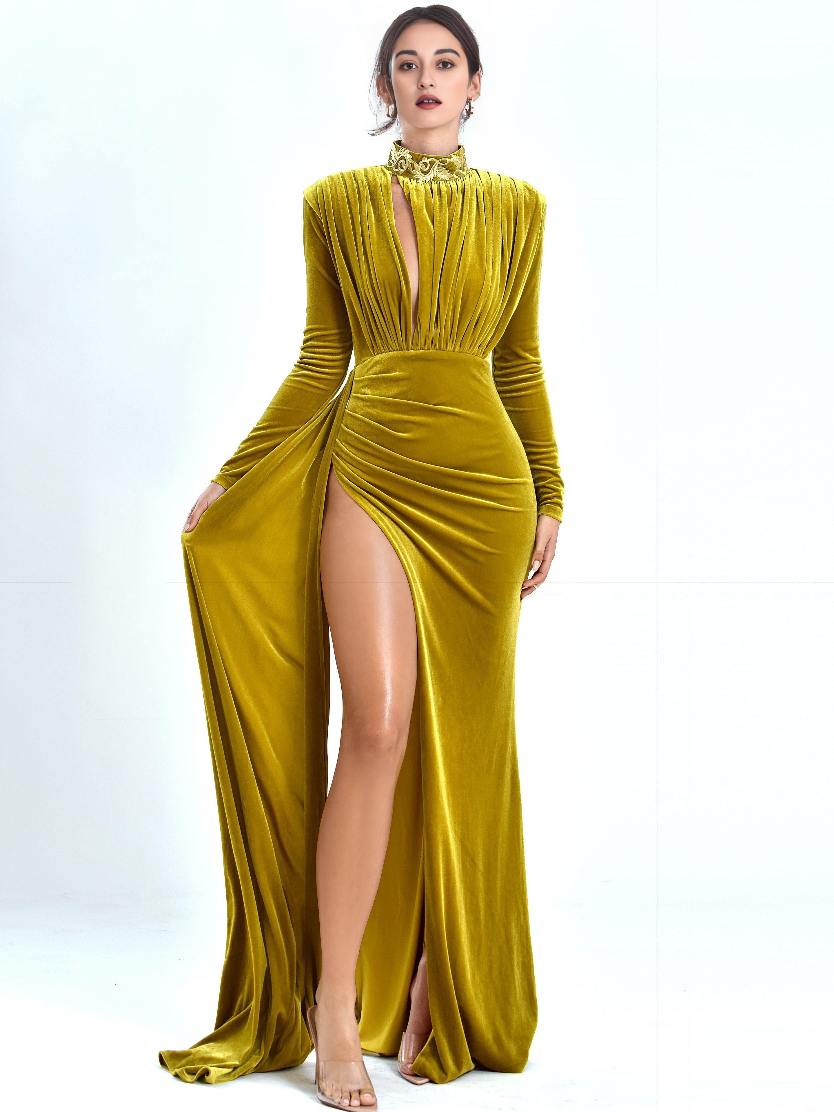 Zenaida Gold Cutout High Slit Velvet Gown