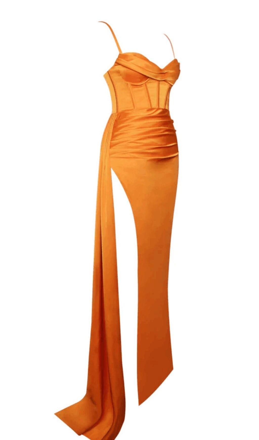 ELAYNA ORANGE STRAPPY SATIN CORSET HIGH SLIT GOWN