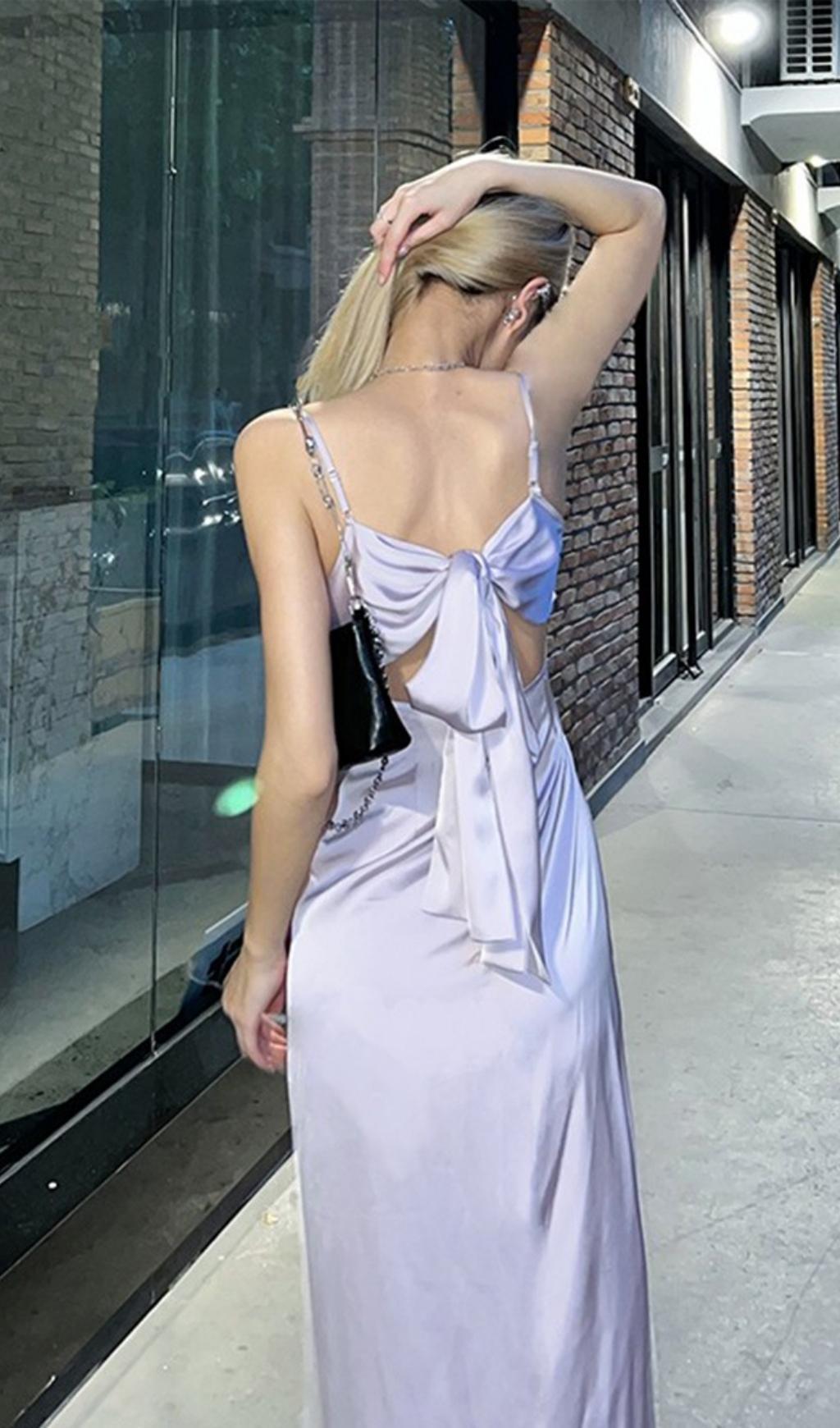 VIOLET SATIN STRAP MIDI DRESS