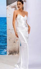 WHITE SATIN STRAPLESS DRAPED SLIM MAXI DRESS