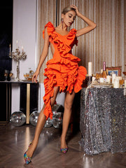 CUTOUT RUFFLE TIERED DRESS IN ORANGE