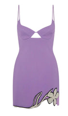 CRYSTAL FLOWER MINI DRESS IN PURPLE