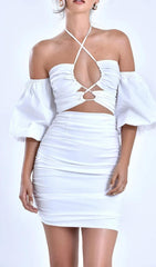 BUBBLE SLEEVE MINI DRESS IN WHITE