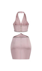 CROSS OVER CUT OUT SATIN MINI DRESS IN PINK