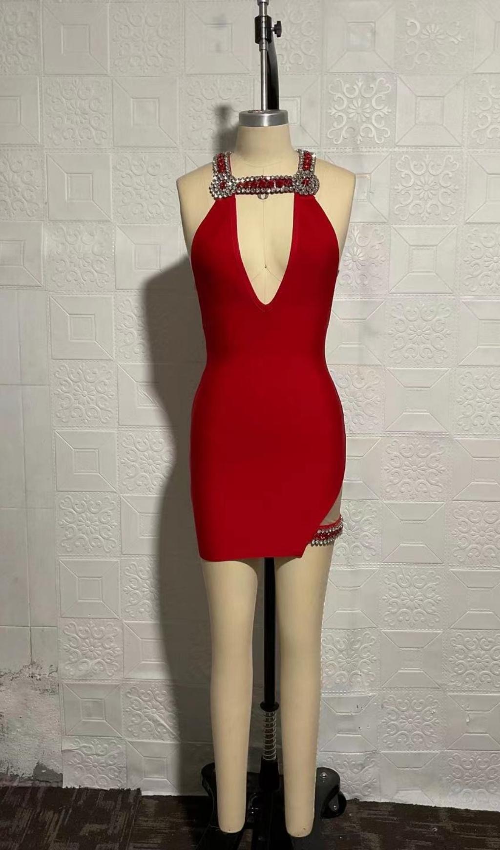 CRYSTAL DEEP V BANDAGE MINI DRESS