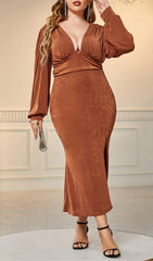 BROWN PLUS SIZE V NECK SLIT BODYCON DRESS