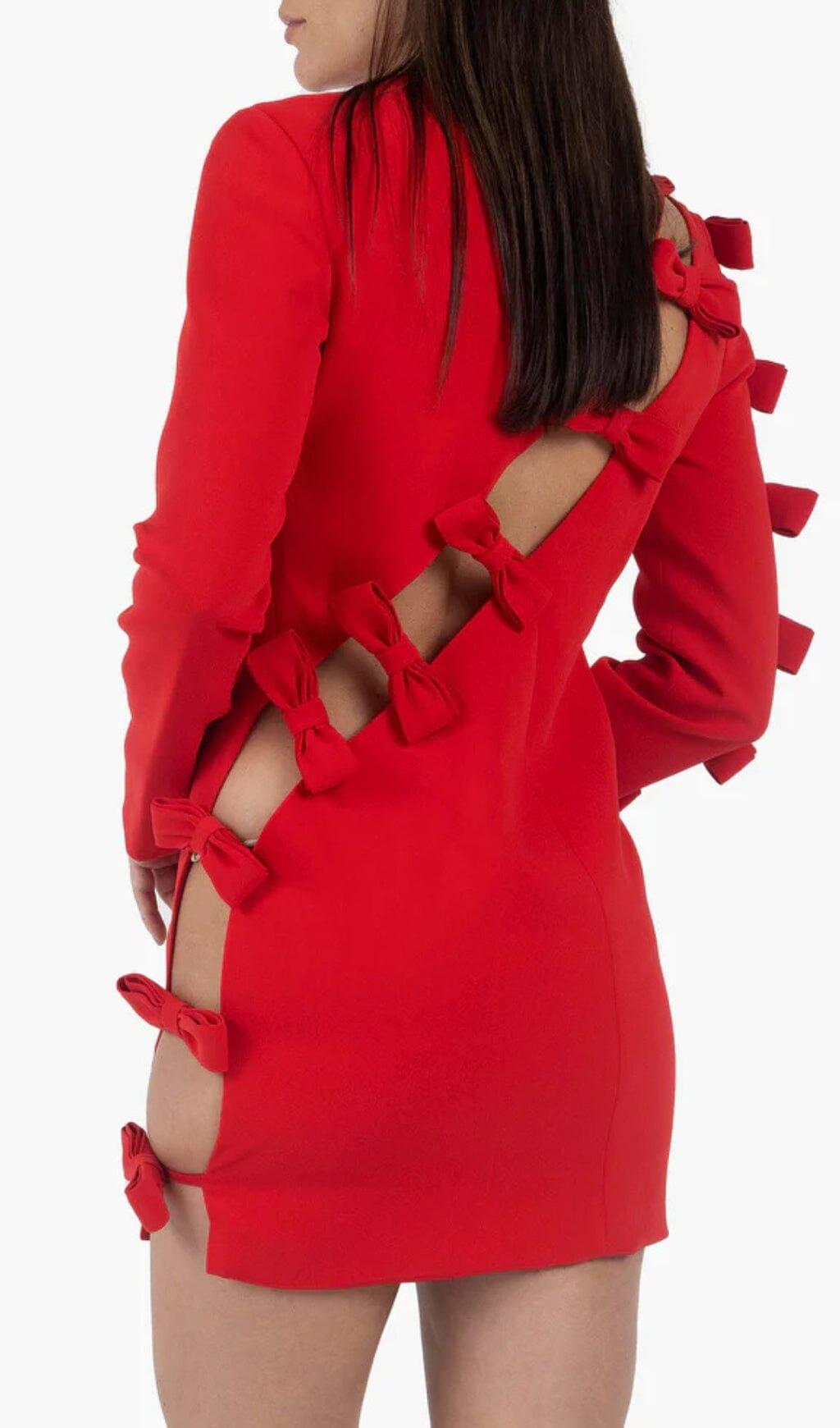 BOW CREWNECK MINI DRESS IN RED