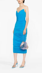 BLUE RUCHED STRAPLESS MIDI DRESS