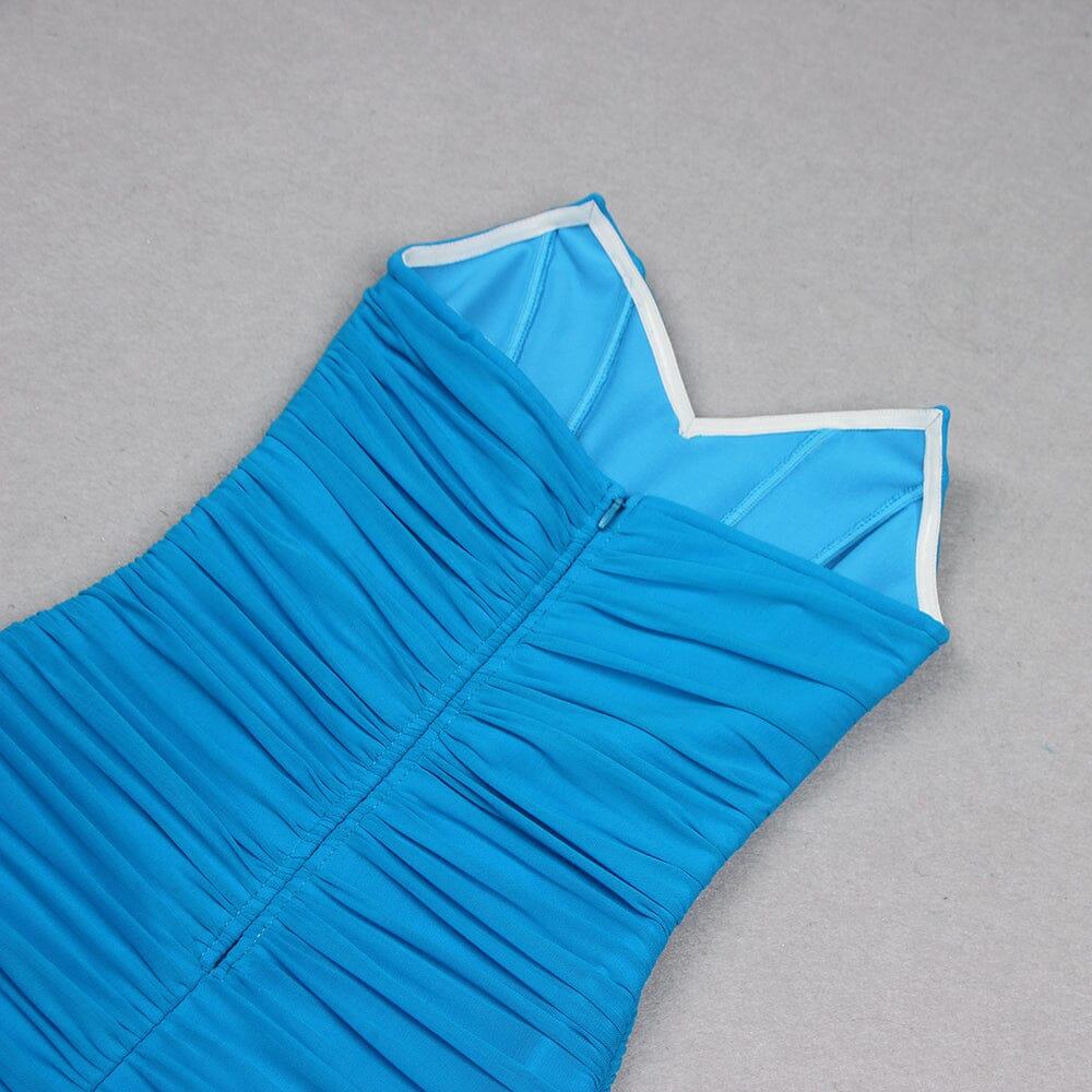 BLUE RUCHED STRAPLESS MIDI DRESS