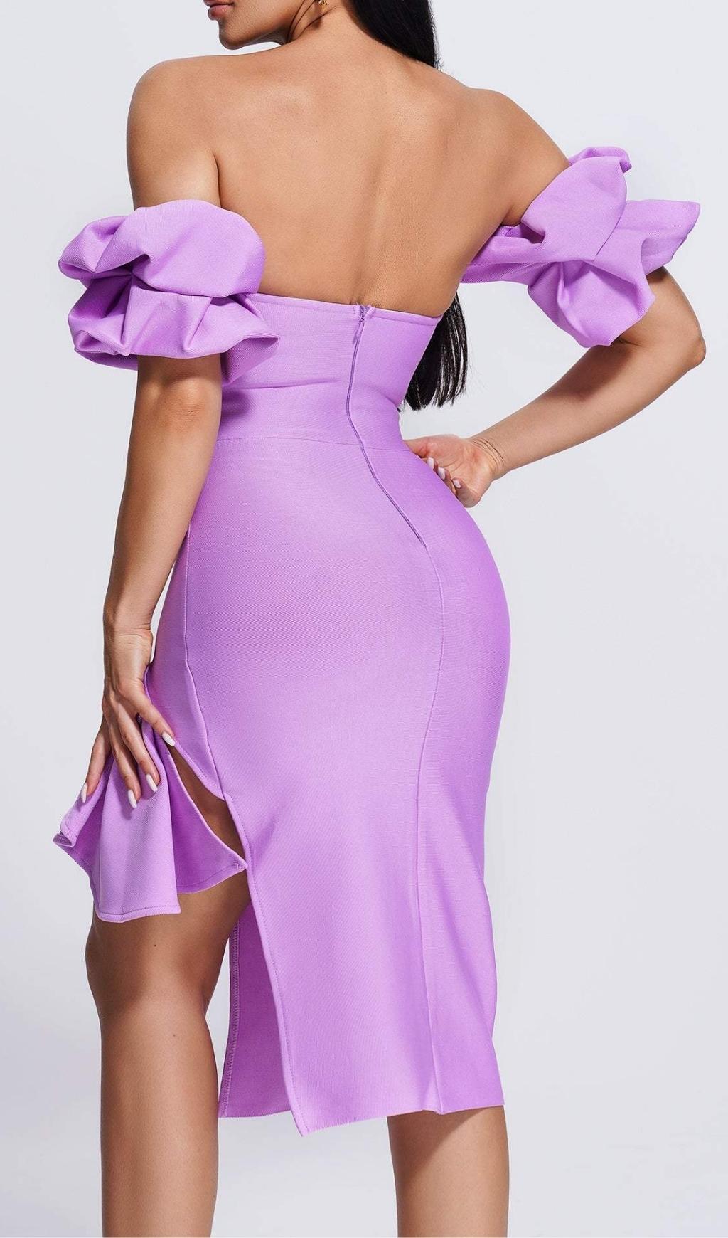 STRAPLESS DRAPED SLEEVE SLITS BANDAGE DRESS IN PURPLE