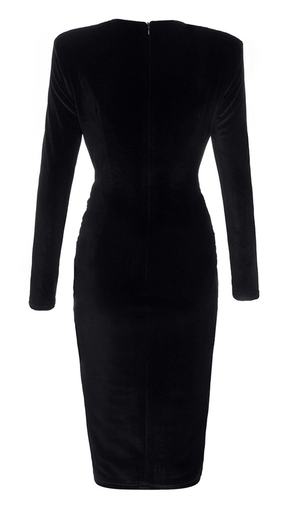 BLACK VELVET SATIN V-NECK DRESS