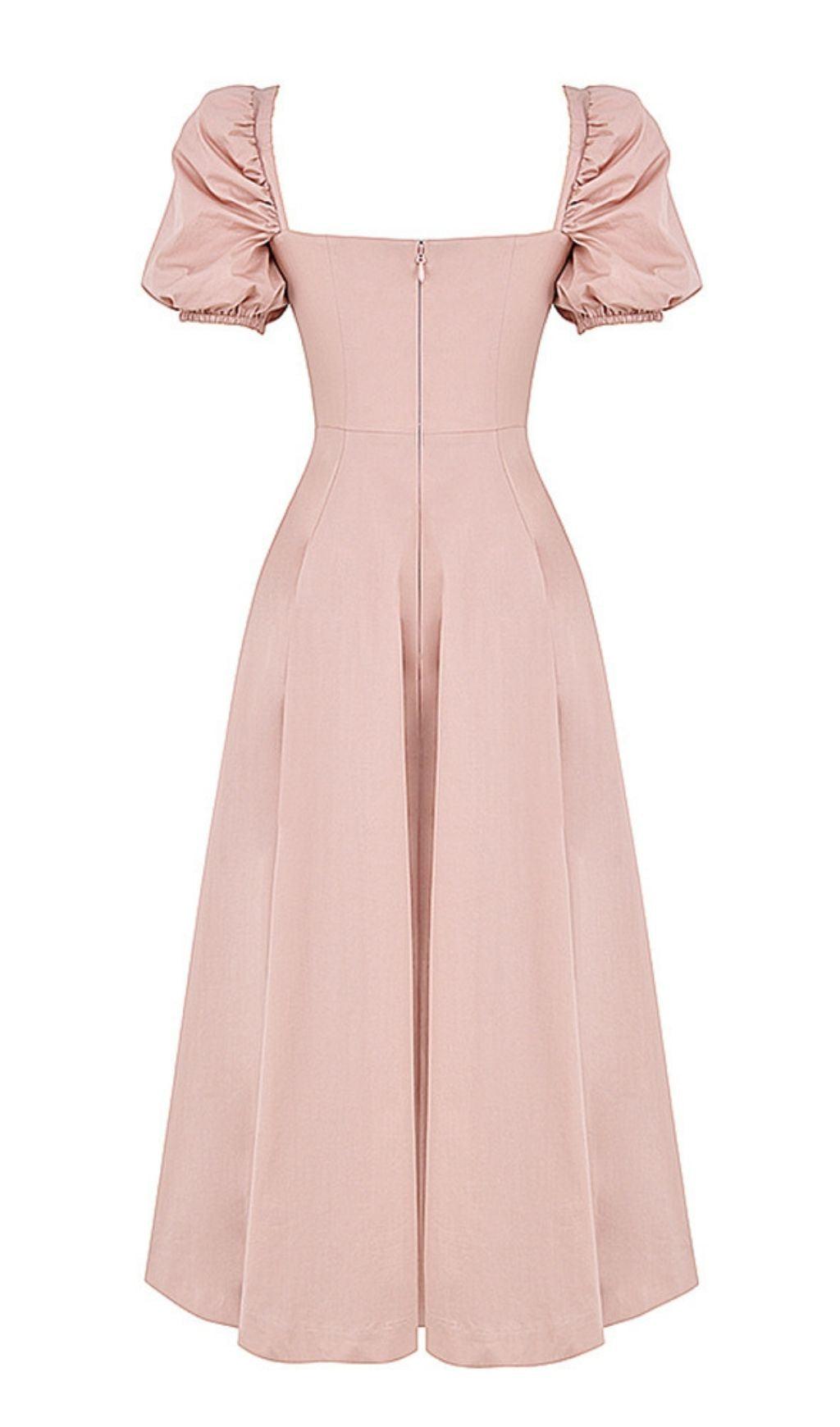 PUFF SLEEVE MIDI DRESS IN BLUSH PINK