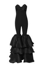 BLACK STRAPLESS JUMPSUIT WITH TIERED RUFFLE HEM