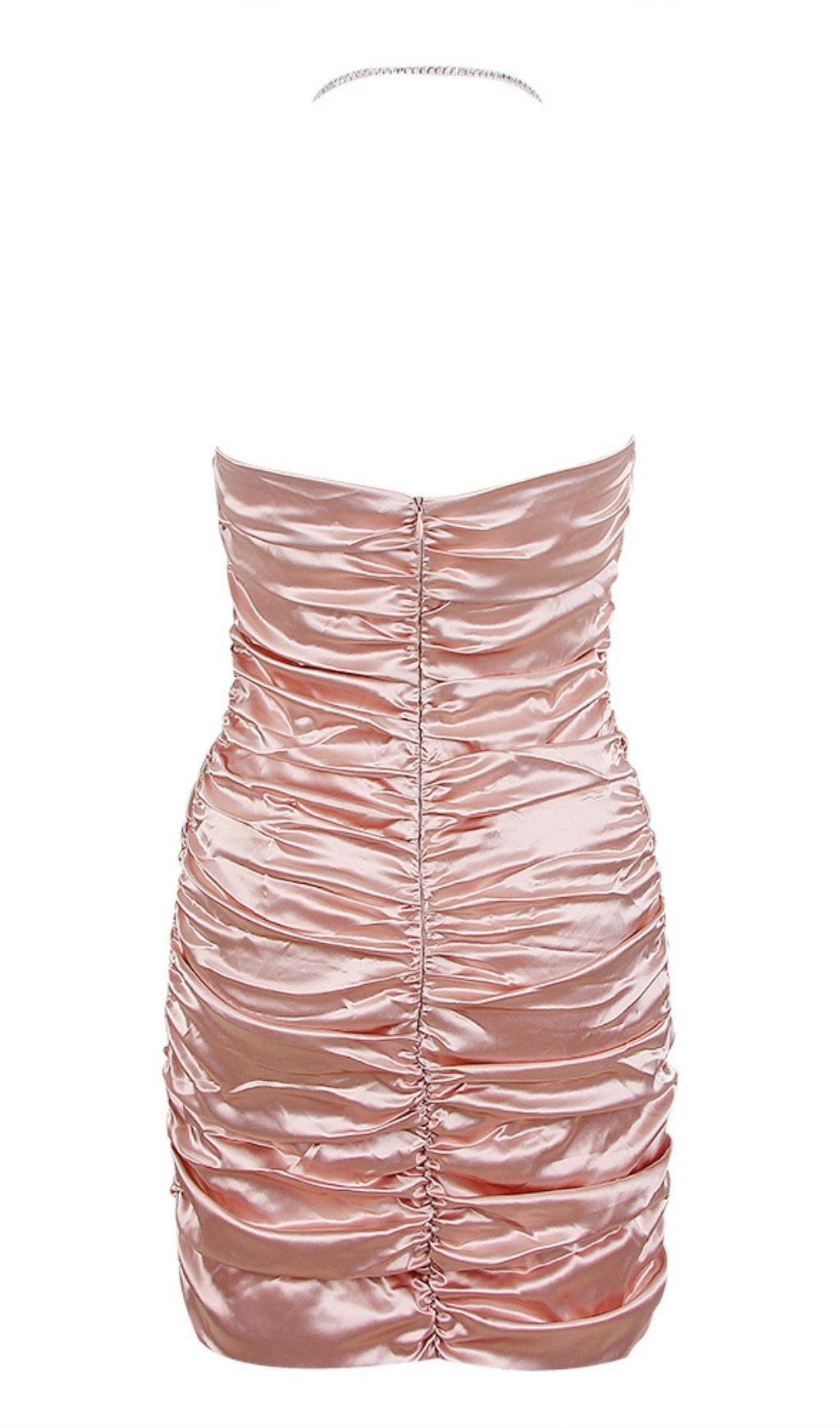 RUCHED FEATHER MINI DRESS IN PINK