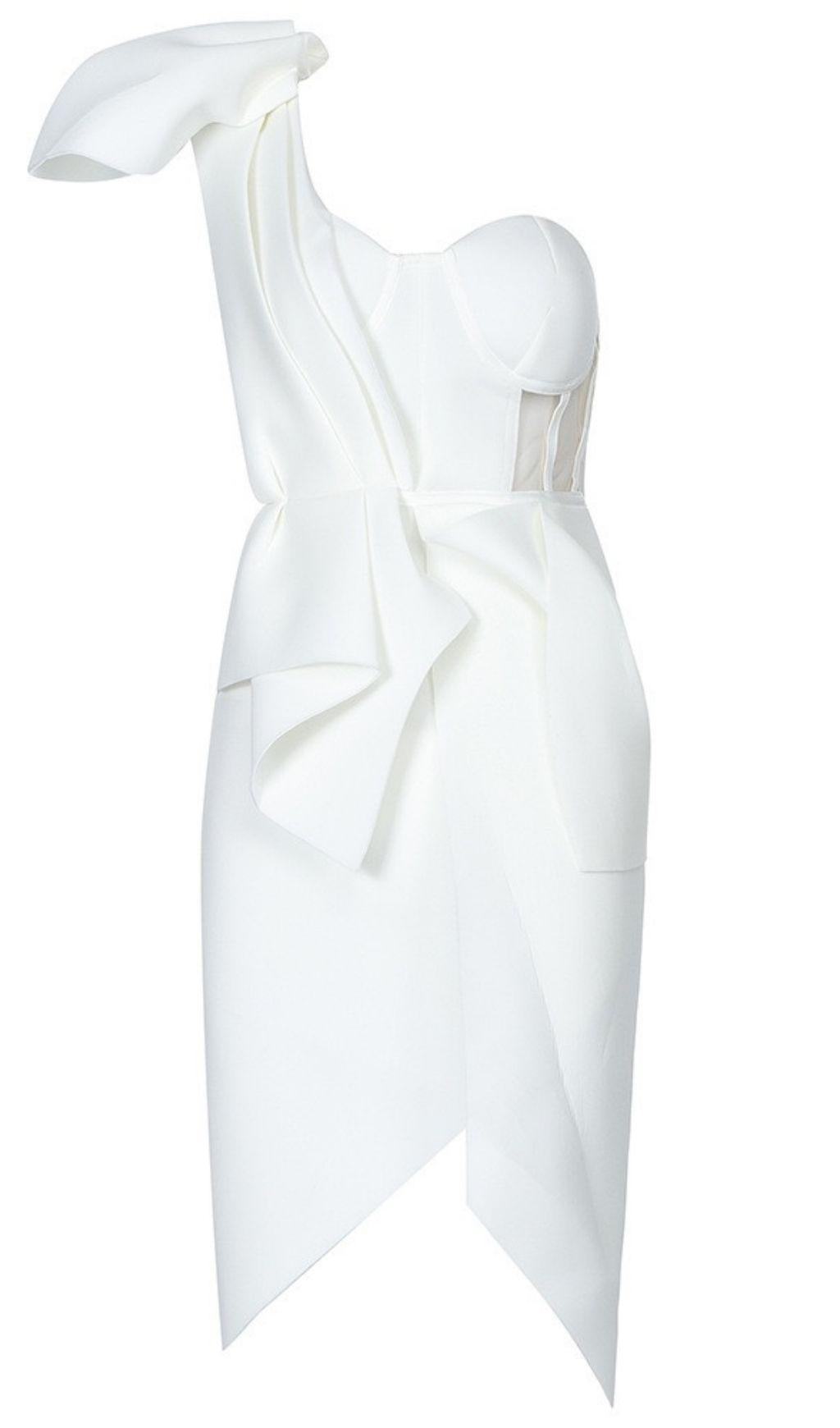 IRREGULAR STITCHING PETAL PLEATED DRESS IN WHITE