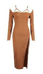 CUT OUT SLIPT MAXI DRESS IN BROWN