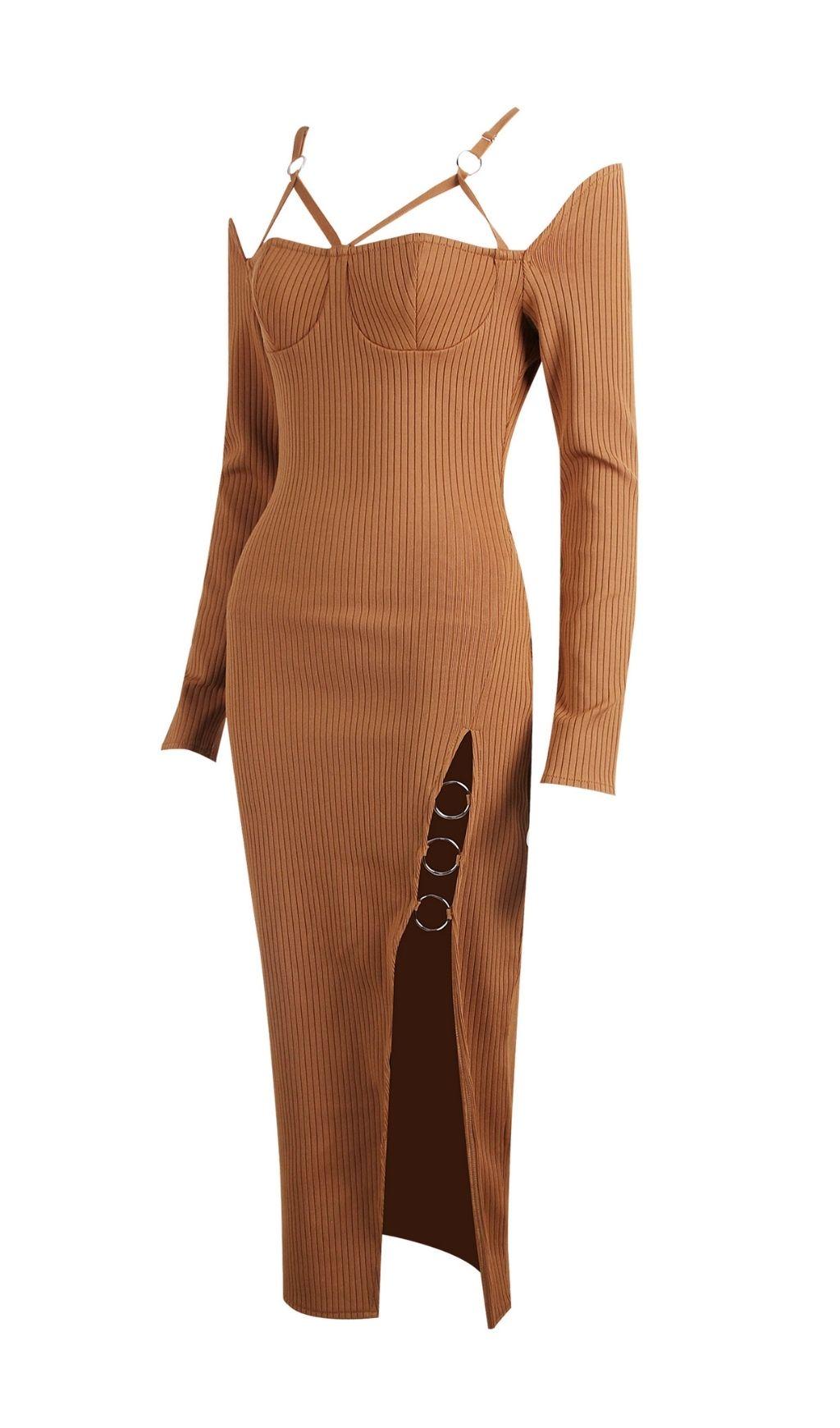 CUT OUT SLIPT MAXI DRESS IN BROWN