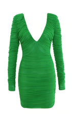 PLUNGE RUCHED MINI DRESS IN GREEN