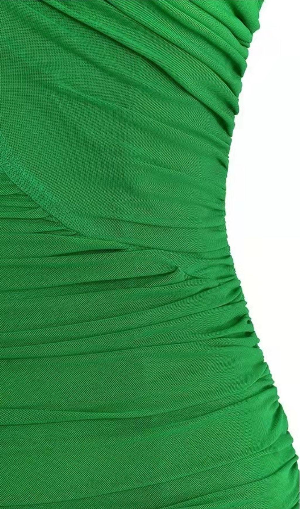 PLUNGE RUCHED MINI DRESS IN GREEN