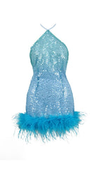 TURQUOISE JEWEL SEQUIN FEATHER MINI DRESS