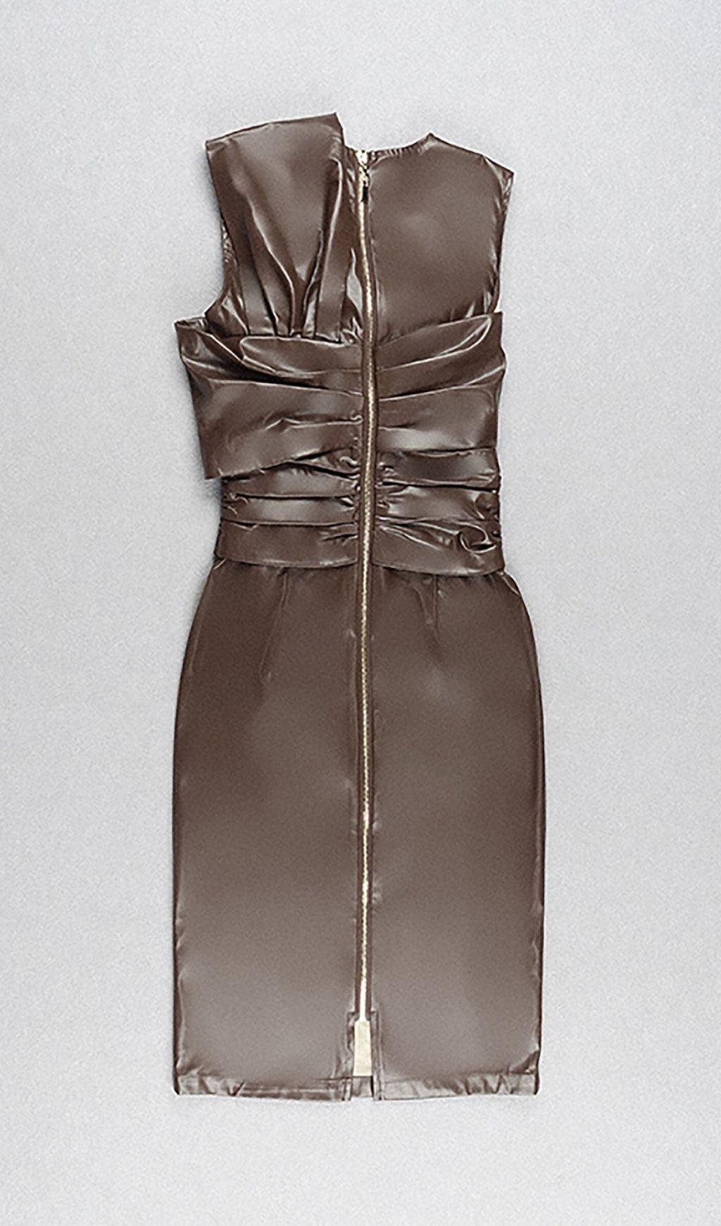 DRAPED LEATHER PU MIDI DRESS IN BROWN